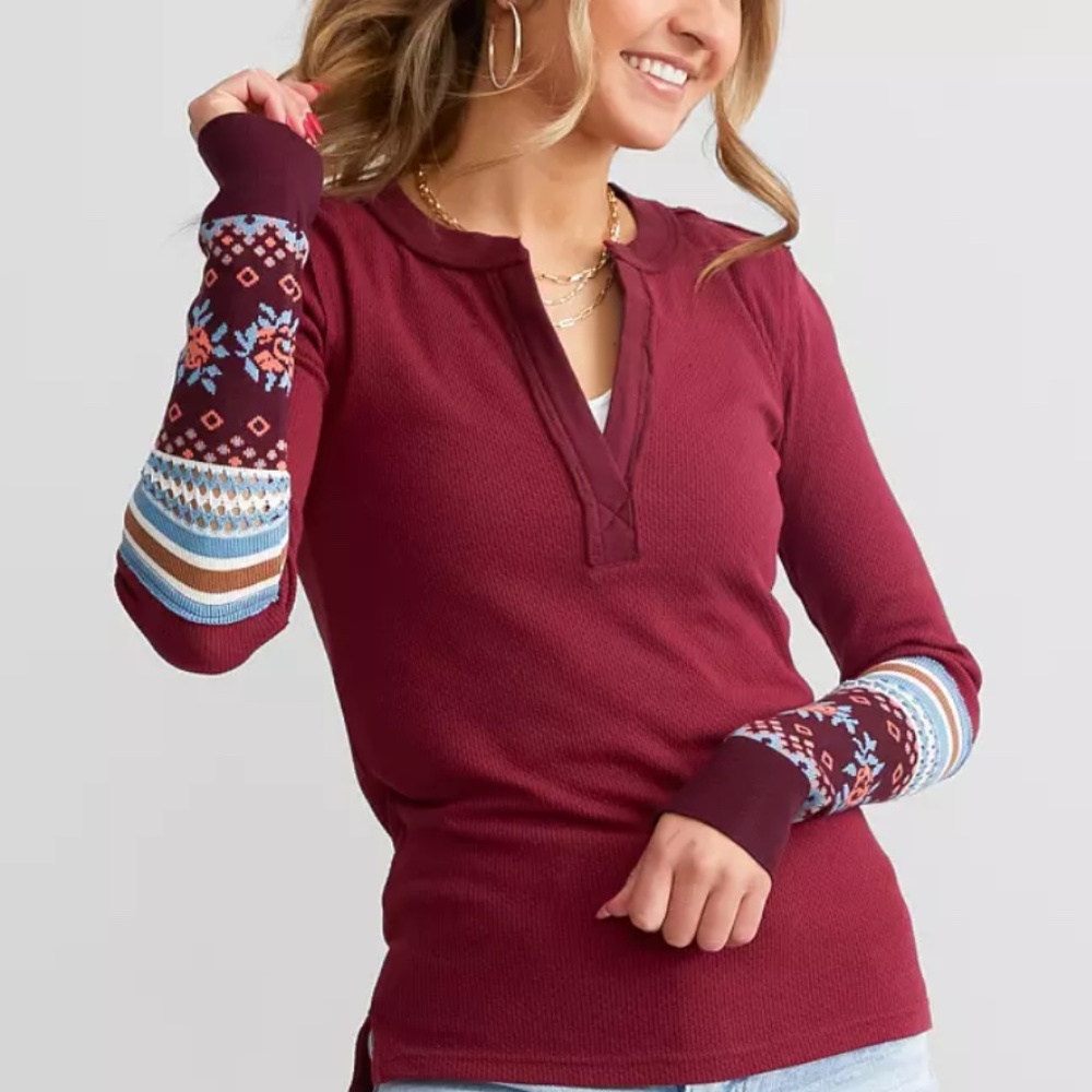 We the Free Mikah Notch Neck Thermal Waffle Weave Henley Top with knit wrists